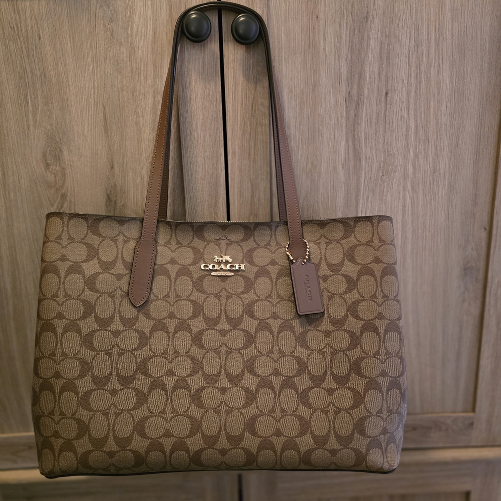 Coach Signature Canvas Laptop Style Tote in Brown with Leather Trim